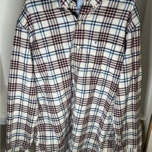 Izod Cream Plaid Button-Down Shirt with Blue and Brown Checks